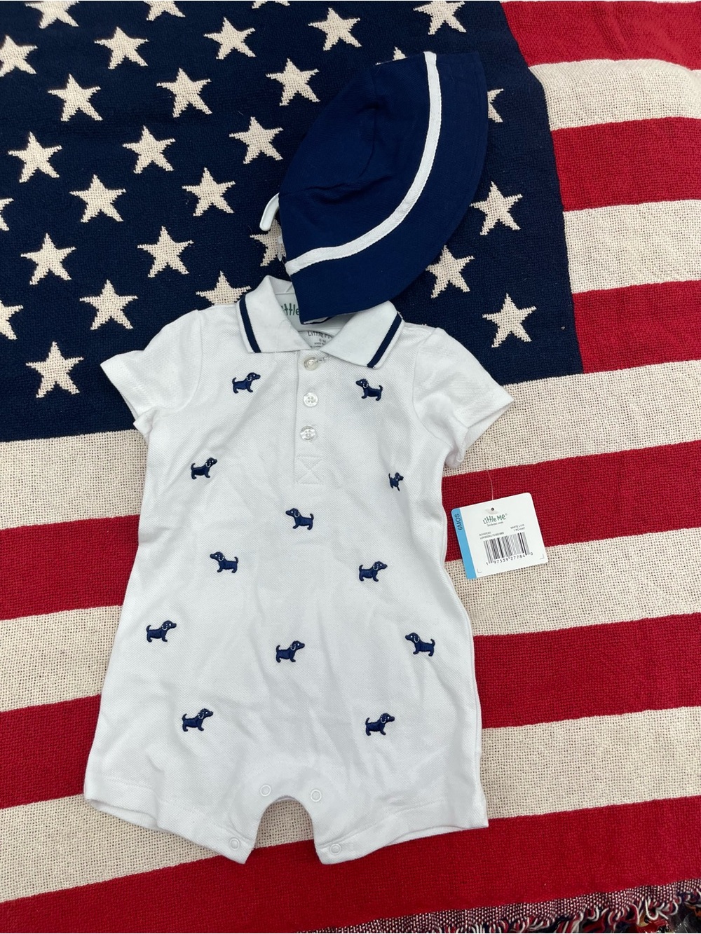 Little Me Polo Romper with Navy Dog Embroidery and Navy Hat Size 6 Months NWT